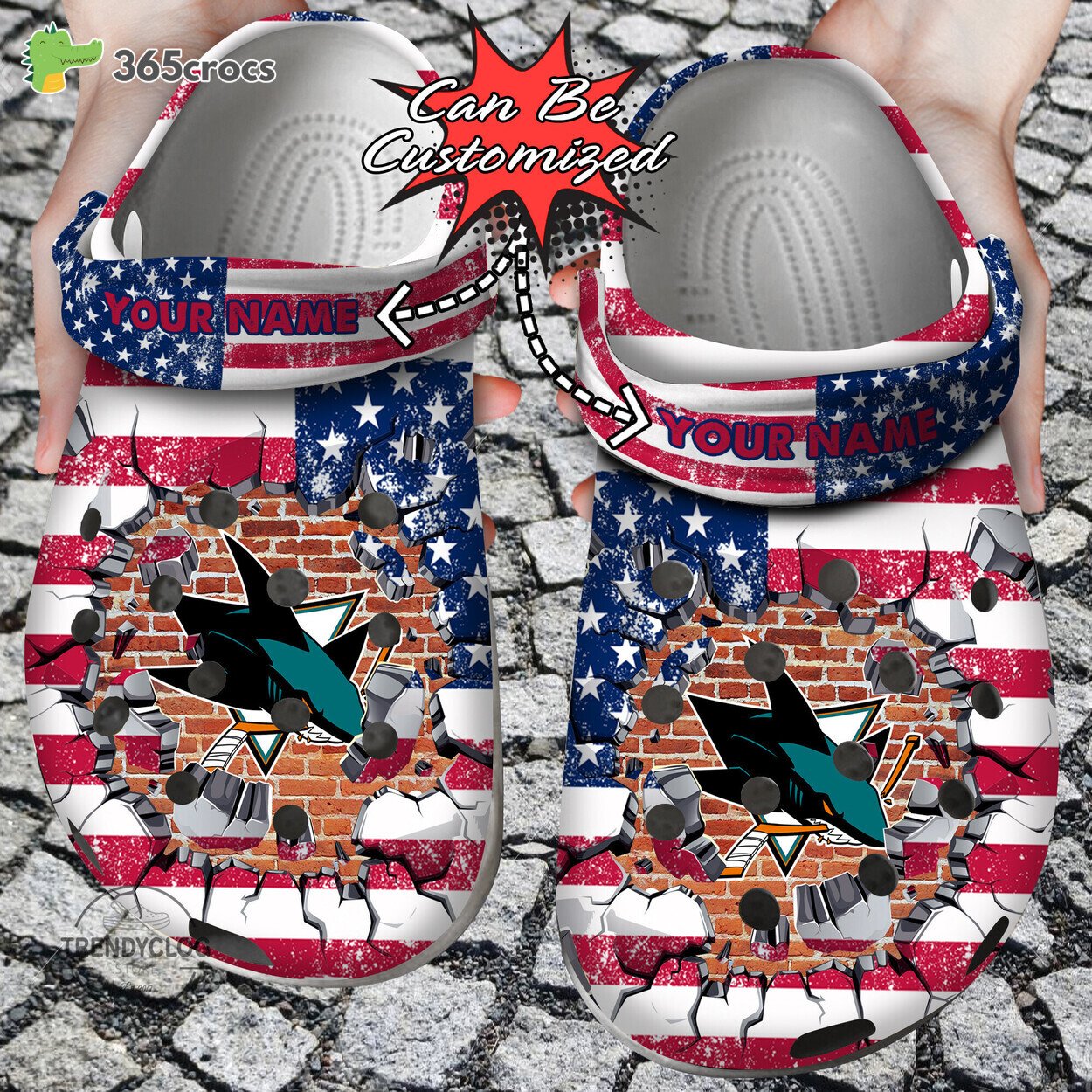  Nhl San Jose Sharks American Flag Breaking Wall  Clog Shoes