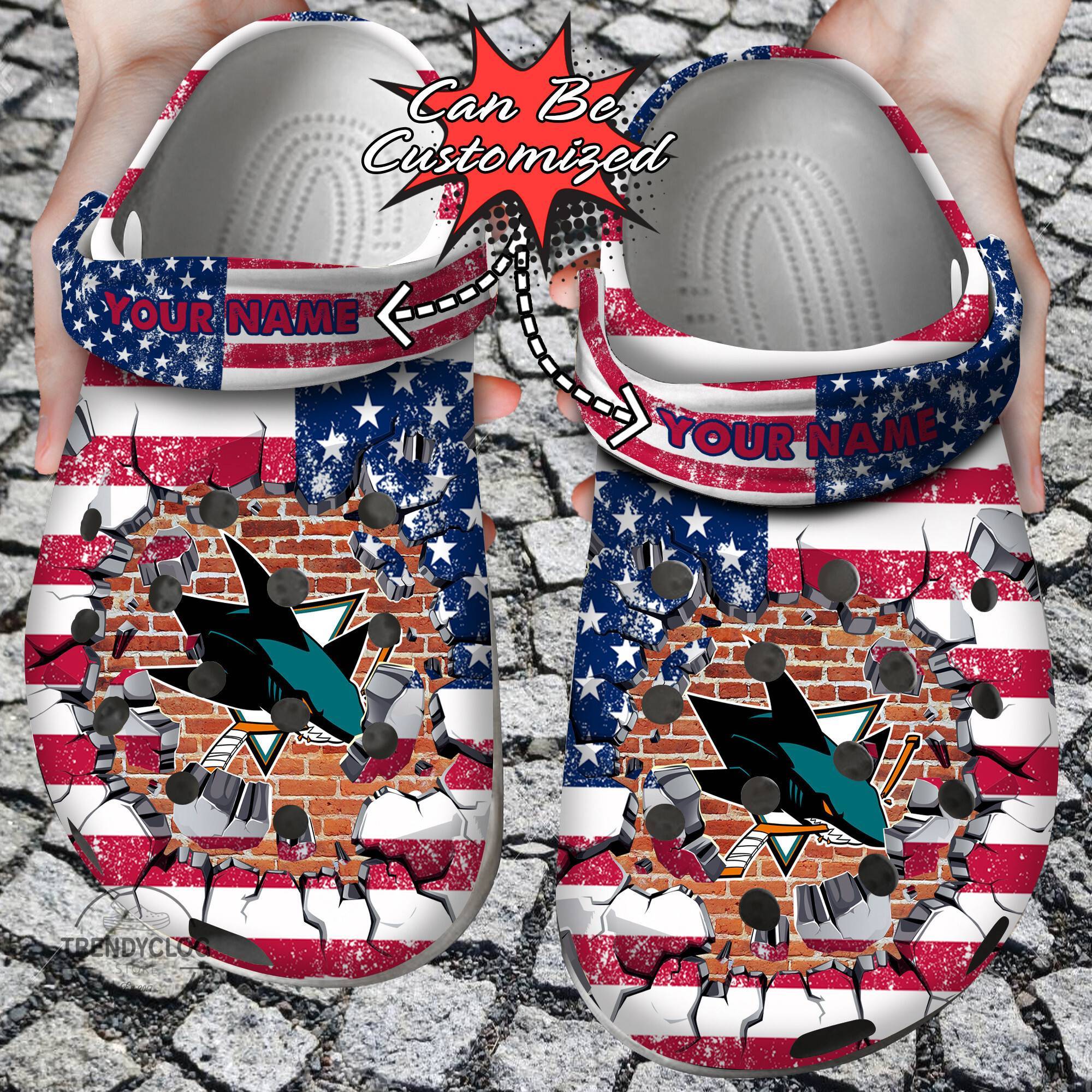  Sj Sharks American Flag Breaking Wall Crocs
