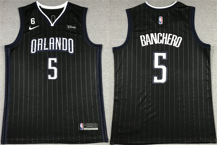 Men Orlando Magic 5 Paolo Banchero Black With No 6 Patch Icon Edition Stitched Swingman