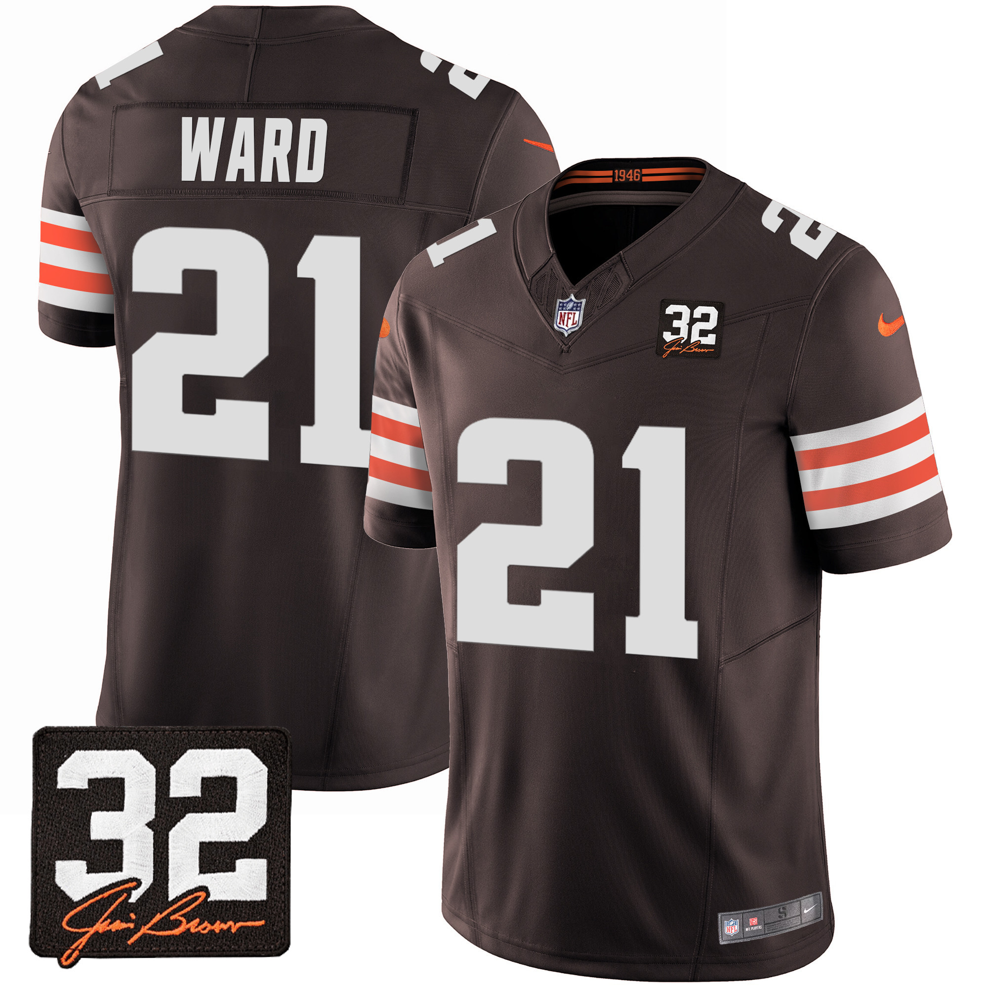 NFL Denzel Ward Men’s Cleveland Browns #32 Jim Brown Memorial Patch Jersey