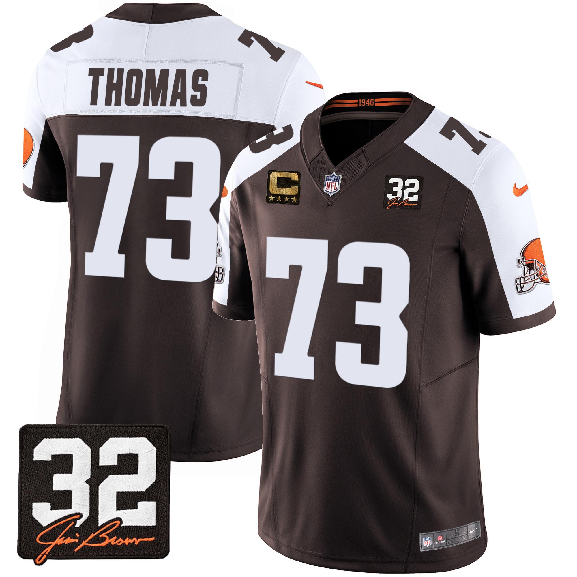 NFL Joe Thomas Men’s Cleveland Browns #32 Jim Brown Memorial Patch Alternate Jersey