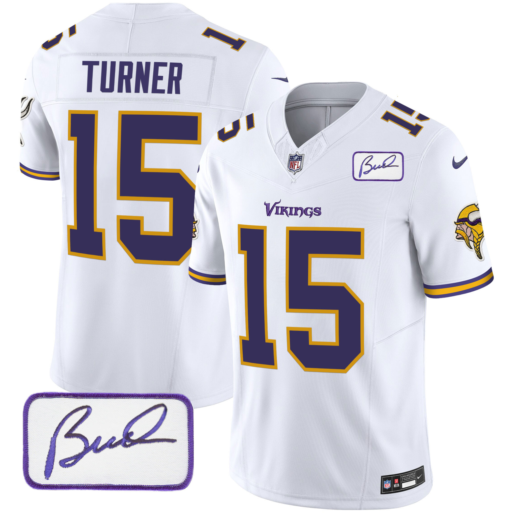 NFL Dallas Turner Men’s Minnesota Vikings Bud Grant Patch Classic Limited V6 White Jersey