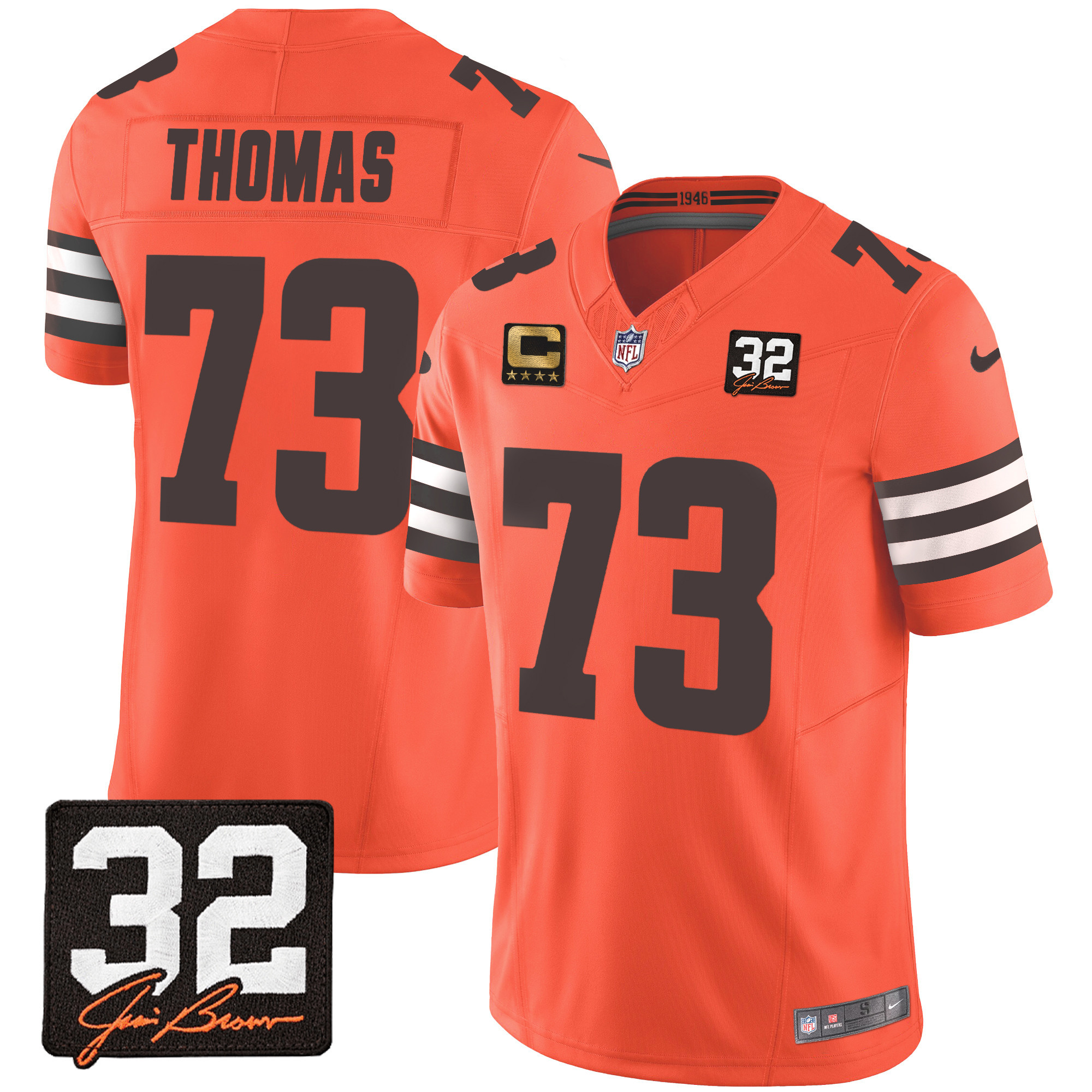 NFL Joe Thomas Men’s Cleveland Browns #32 Jim Brown Memorial Patch Orange Jersey