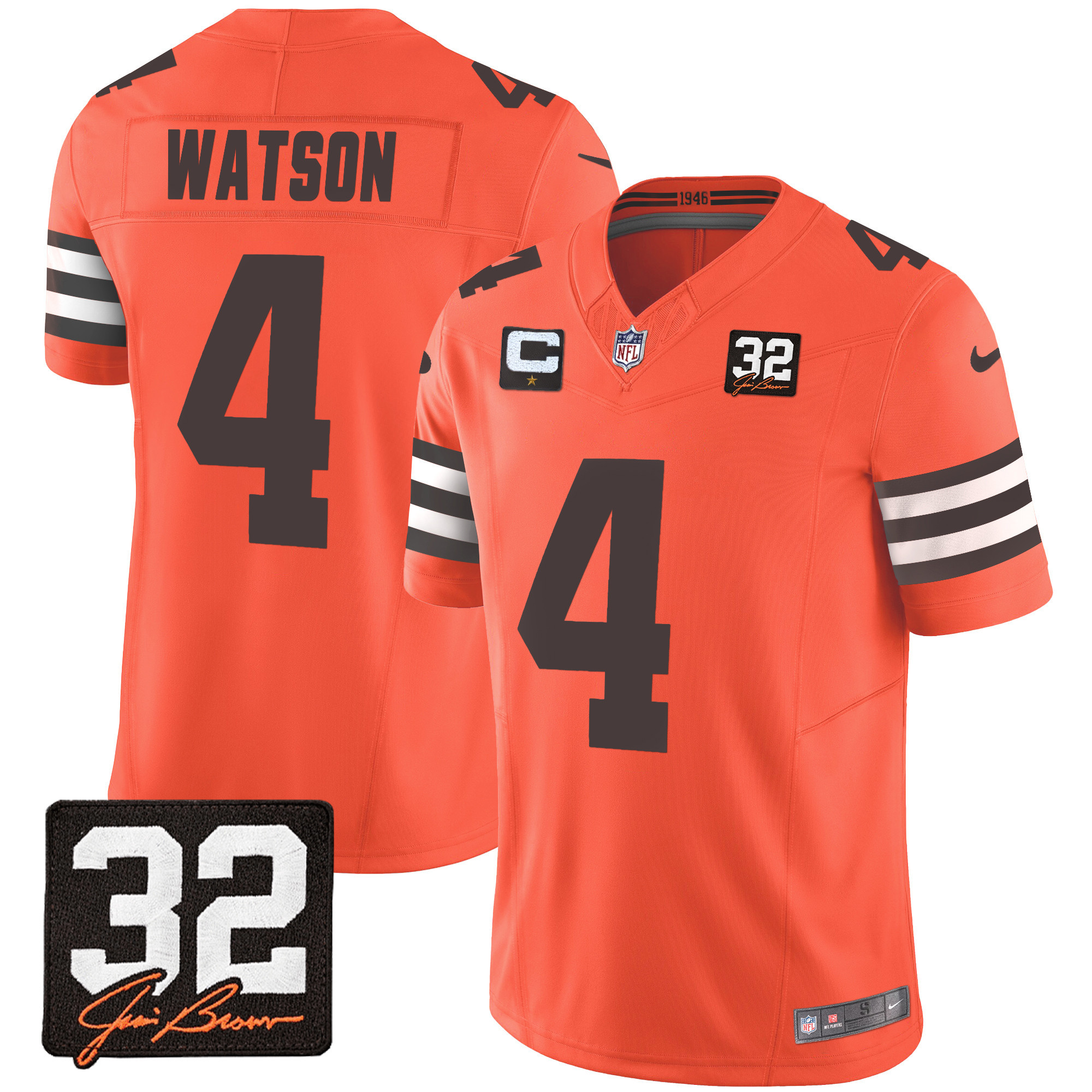 NFL Deshaun Watson Men’s Cleveland Browns #32 Jim Brown Memorial Patch Orange Jersey