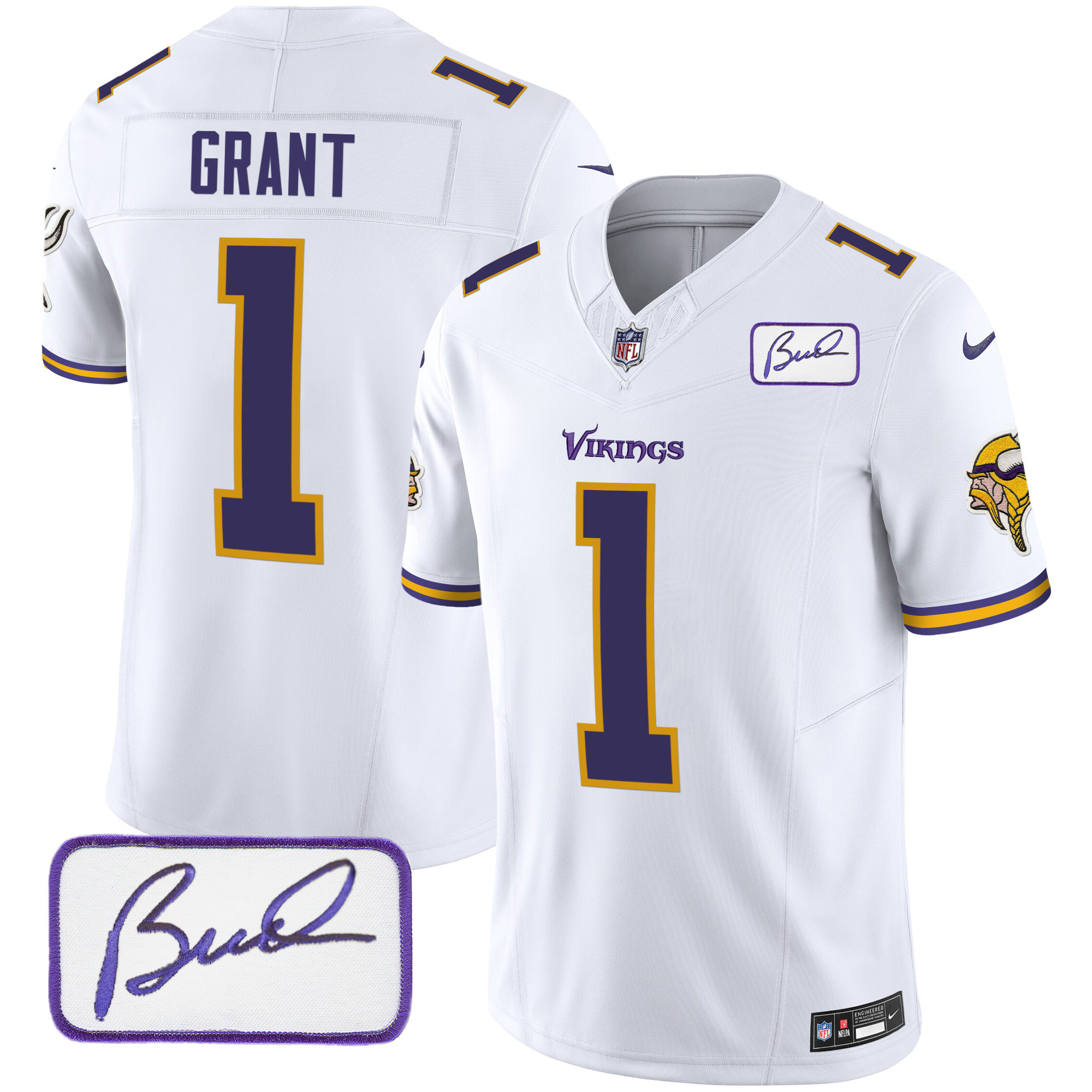 NFL Men’s Minnesota Vikings Bud Grant Patch Classic Limited V6 White Jersey