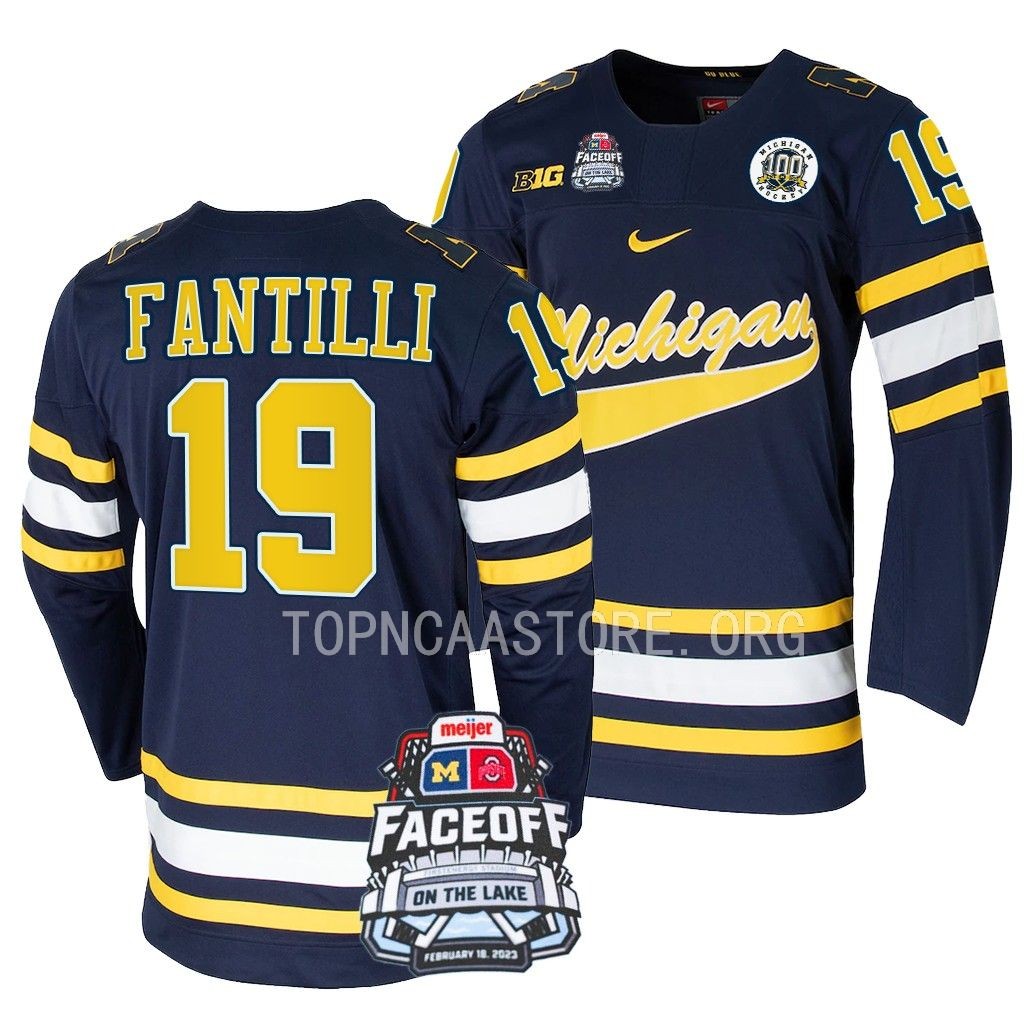 NCAA Adam Fantilli Michigan Wolverines Navy Faceoff On The Lake Jersey 2023