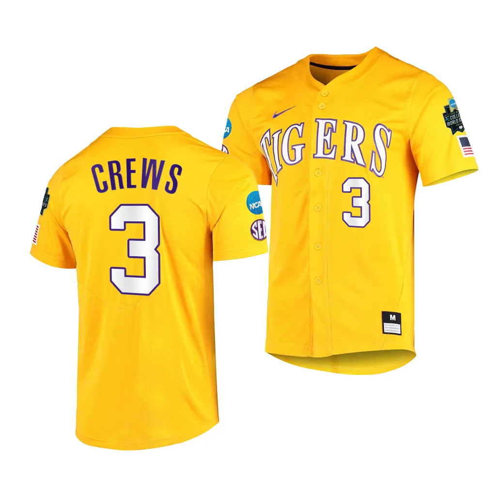 NCAA 2023 College World Series Dylan Crews LSU Tigers NCAA Gold Jersey Men #3