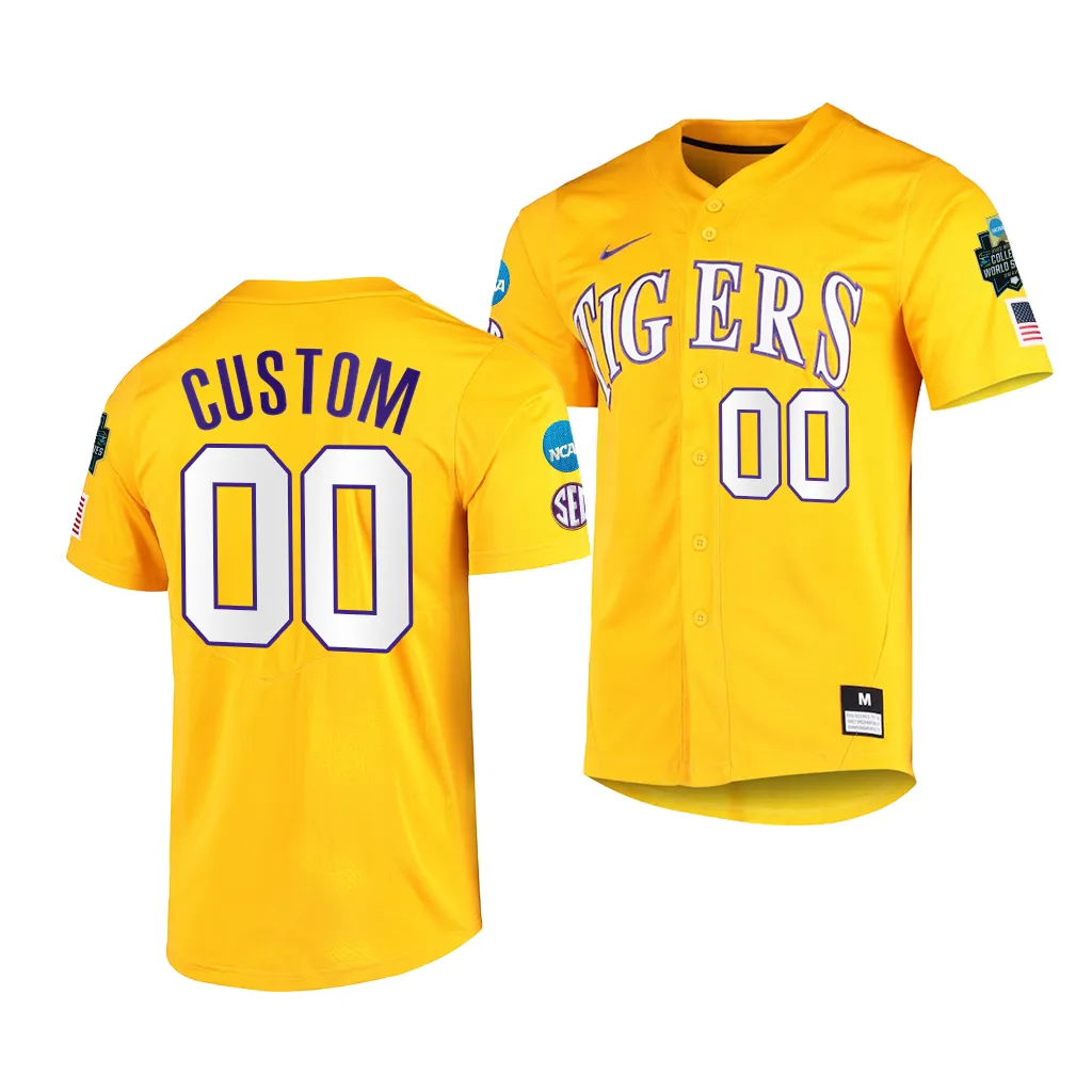 NCAA 2023 College World Series Custom LSU Tigers NCAA Gold Jersey Men #00