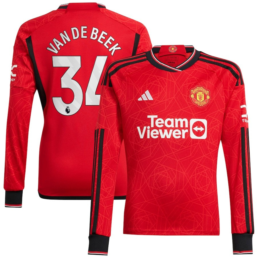 Donny Van De Beek 34 Manchester United 2023-24 Home Men Jersey – Long Sleeve