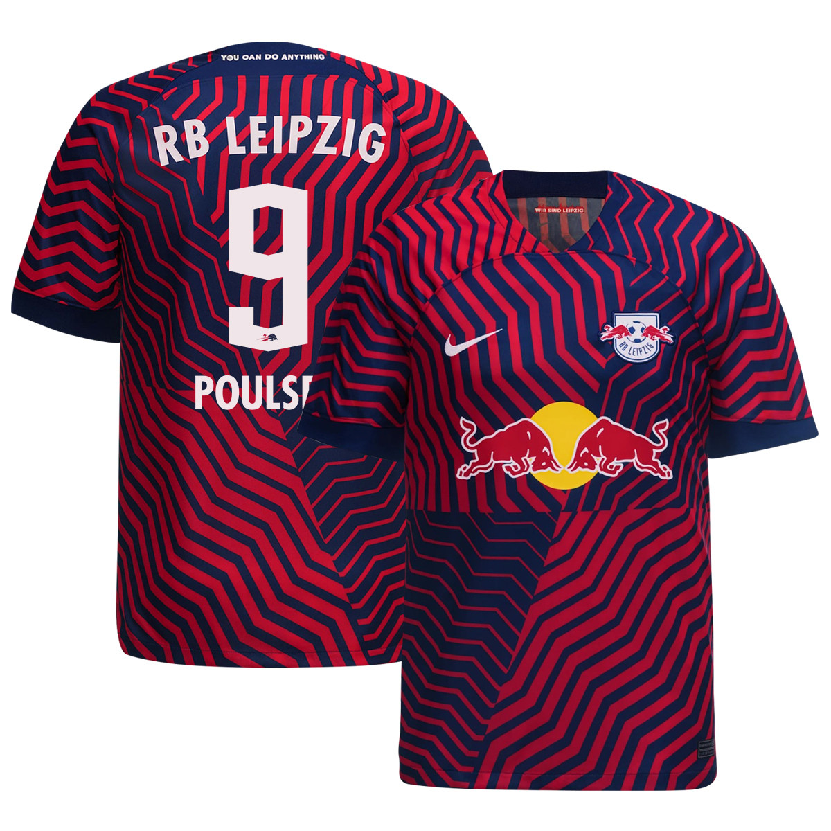 Yussuf Poulsen 9 RB Leipzig 2023-24 Away Men Jersey – Red Blue