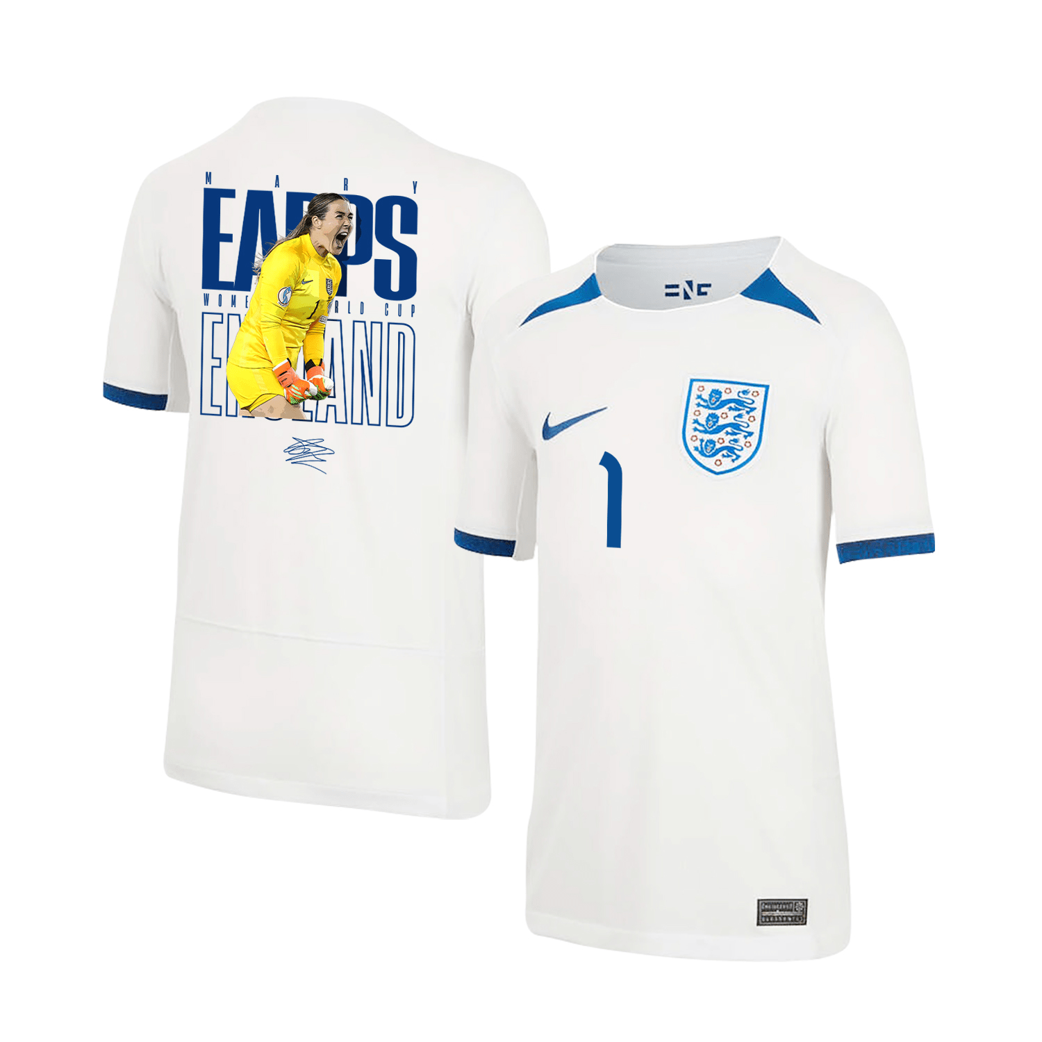 Mary Earps 1 Signed England Women's National Team Road To Champions 2023-24 World Cup Home YOUTH Jersey – White