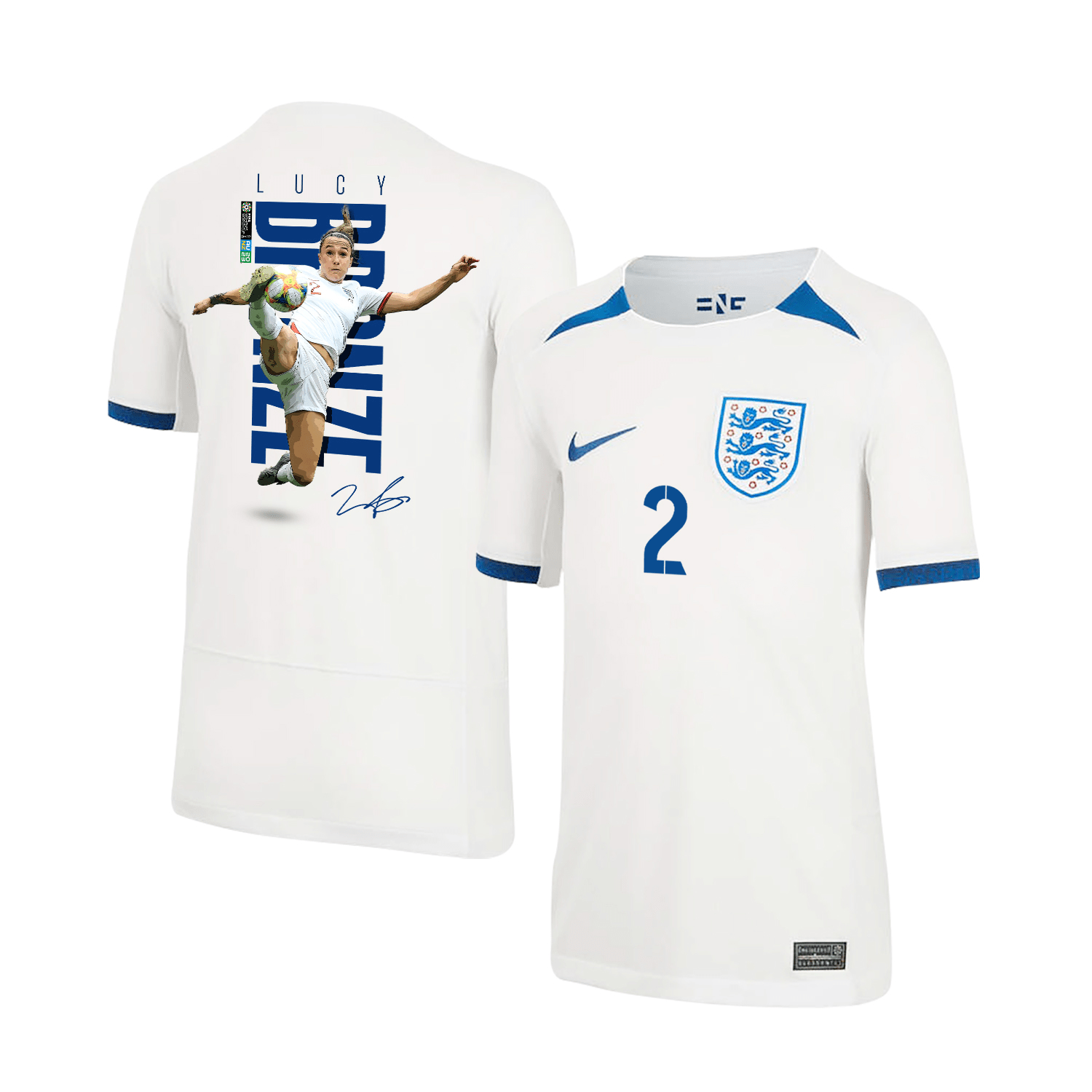 Lucy Bronze 2 Signed England Women's National Team Road To Champions 2023-24 World Cup Home YOUTH Jersey – White