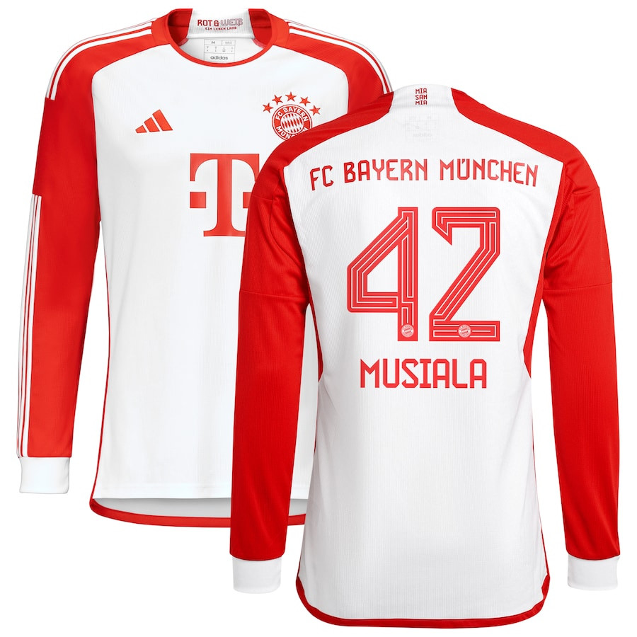 Jamal Musiala 42 Bayern Munich 2023/24 Home Long Sleeve Men Jersey – White