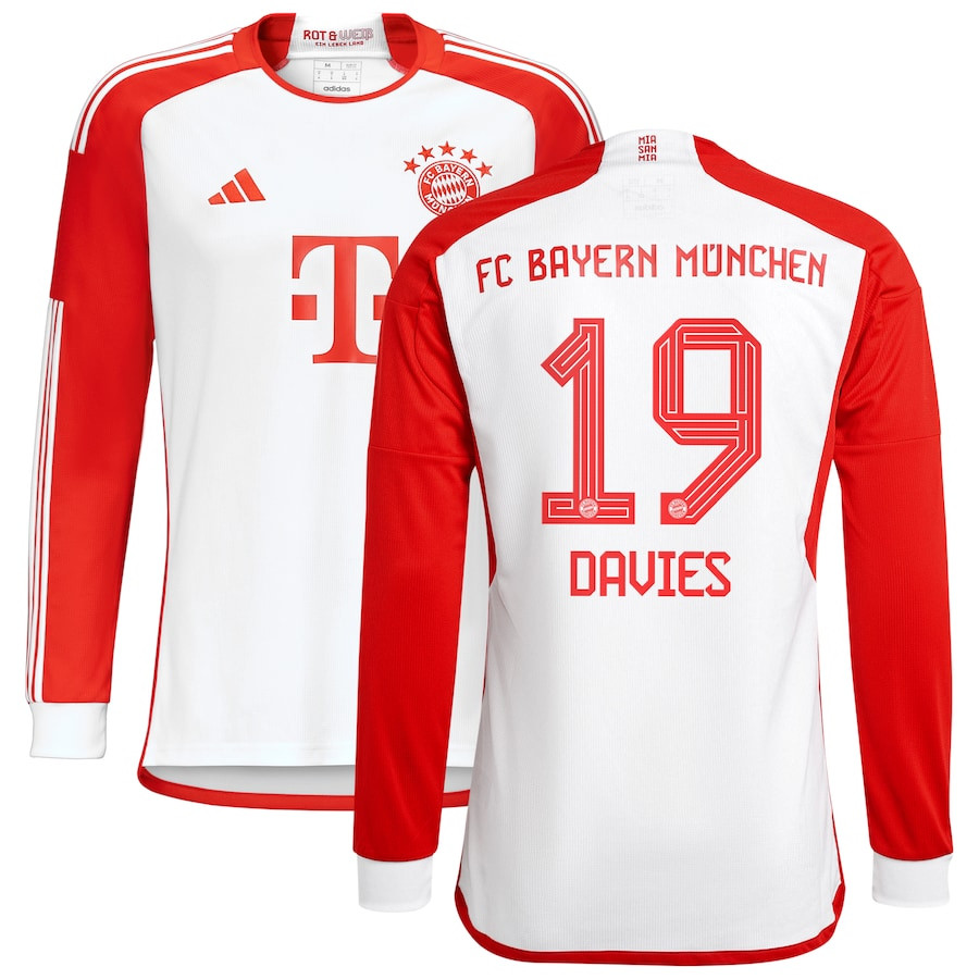 Alphonso Davies 19 Bayern Munich 2023/24 Home Long Sleeve Men Jersey – White