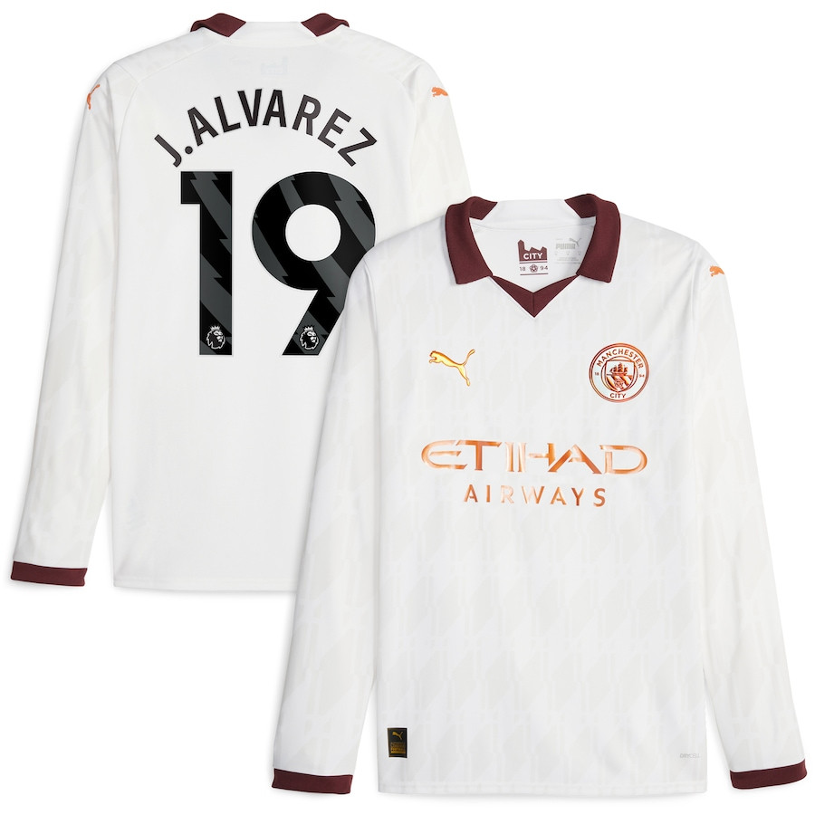 Julin lvarez 19 Manchester City 2023/24 Away Long Sleeve Men Jersey – White