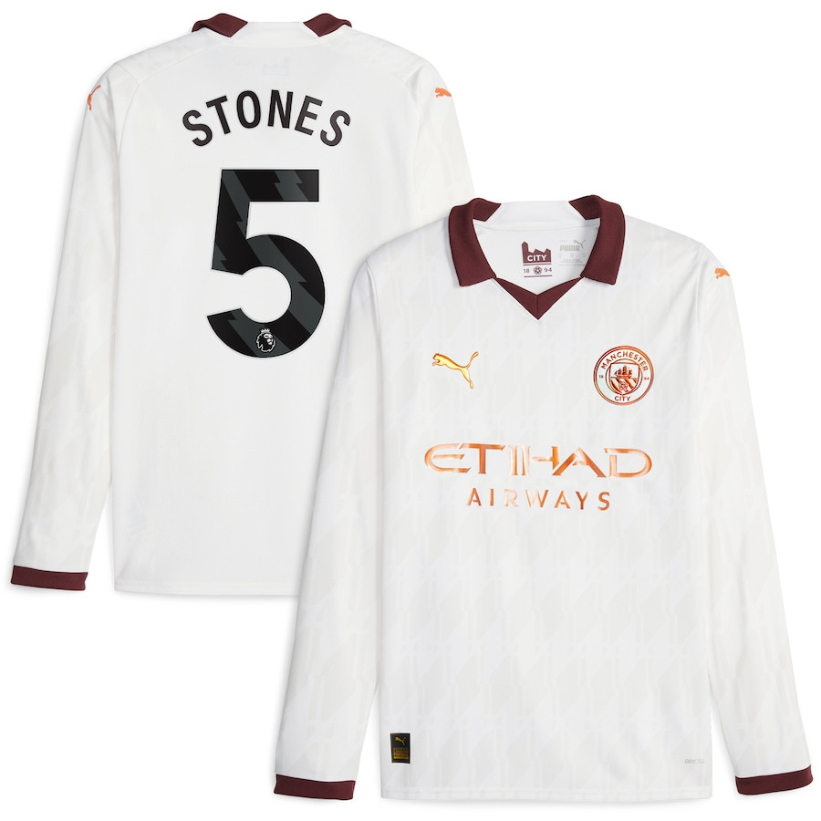 John Stones 5 Manchester City 2023/24 Away Long Sleeve Men Jersey – White