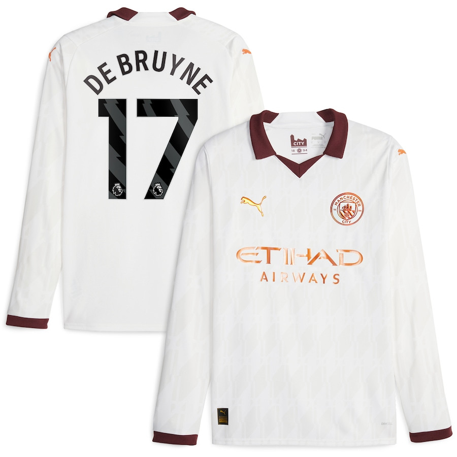 Kevin De Bruyne 17 Manchester City 2023/24 Away Long Sleeve Men Jersey – White
