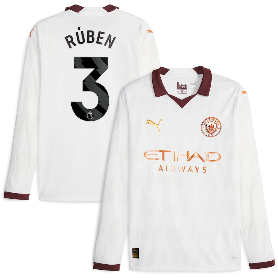 Rben Dias 3 Manchester City 2023/24 Away Long Sleeve Men Jersey – White
