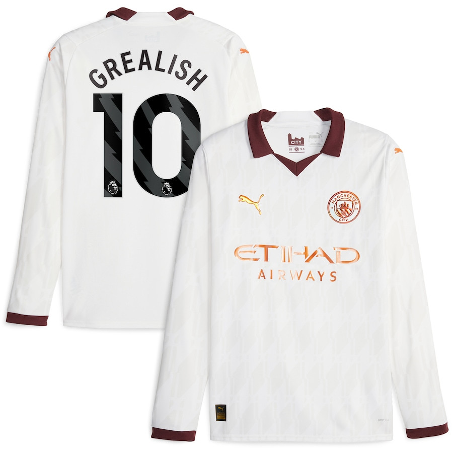 Jack Grealish 10 Manchester City 2023/24 Away Long Sleeve Men Jersey – White