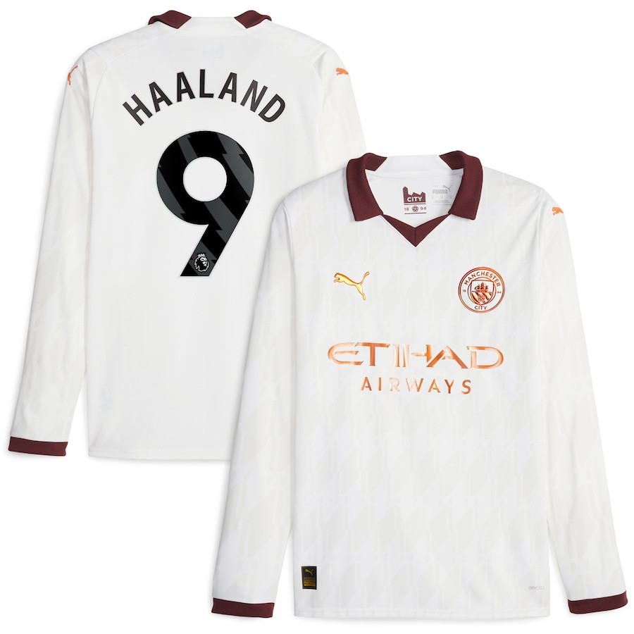 Erling Haaland 9 Manchester City 2023/24 Away Long Sleeve Men Jersey – White