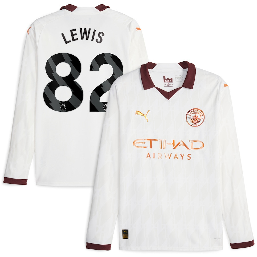 Rico Lewis 82 Manchester City 2023/24 Away Long Sleeve Men Jersey – White