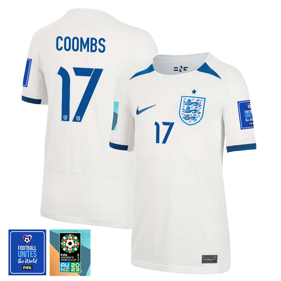 Laura Coombs 17 England 1 Star FIFA Patch Women's National Team 2023-24 World Cup Home Jersey, YOUTH
