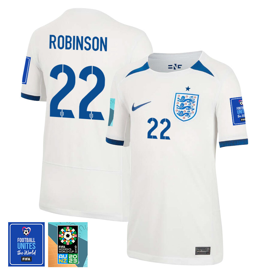 Katie Robinson 22 England 1 Star FIFA Patch Women's National Team 2023-24 World Cup Home Jersey, YOUTH