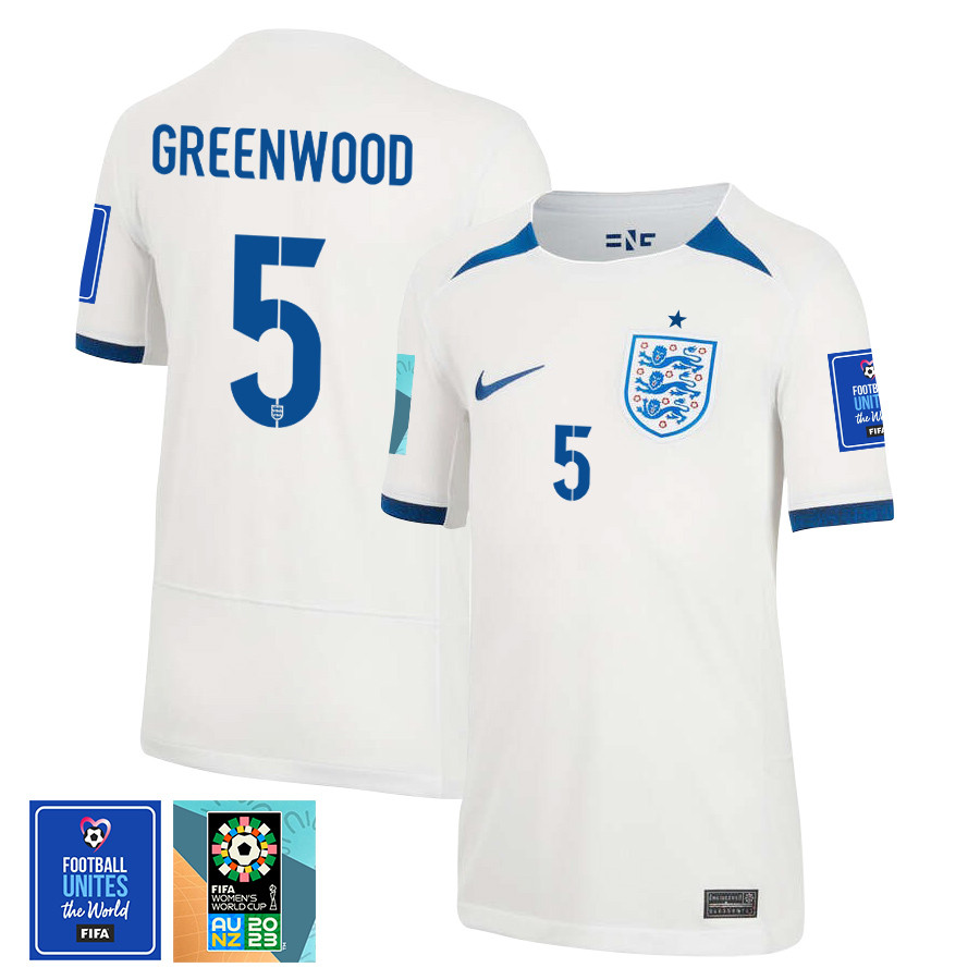 Alex Greenwood 5 England 1 Star FIFA Patch Women's National Team 2023-24 World Cup Home Jersey, YOUTH