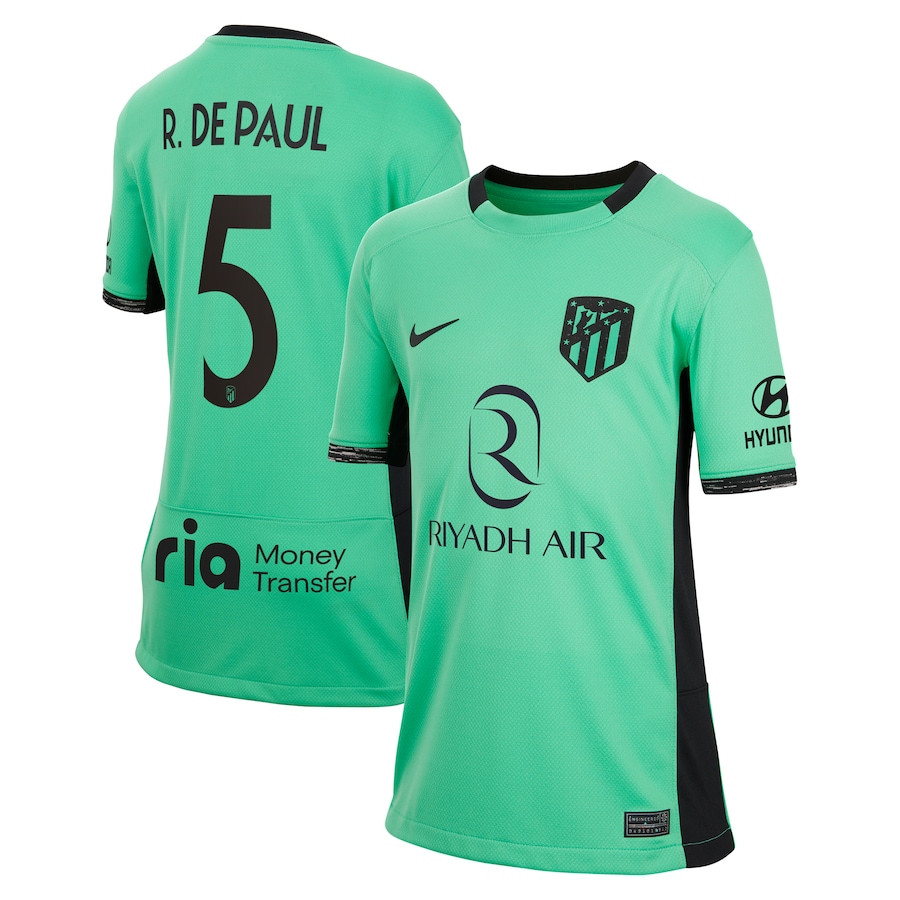 Rodrigo De Paul 5 Atletico de Madrid 2023/24 Third Metropolitano Stadium YOUTH Jersey – Turquoise