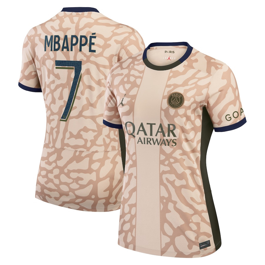 Kylian Mbappe 7 Paris Saint-Germain 2023/24 Fourth Stadium Women Jersey – Tan