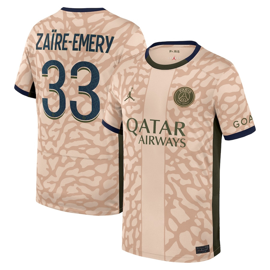 Warren Zare-Emery 33 Paris Saint-Germain 2023/24 Fourth Stadium YOUTH Jersey – Tan