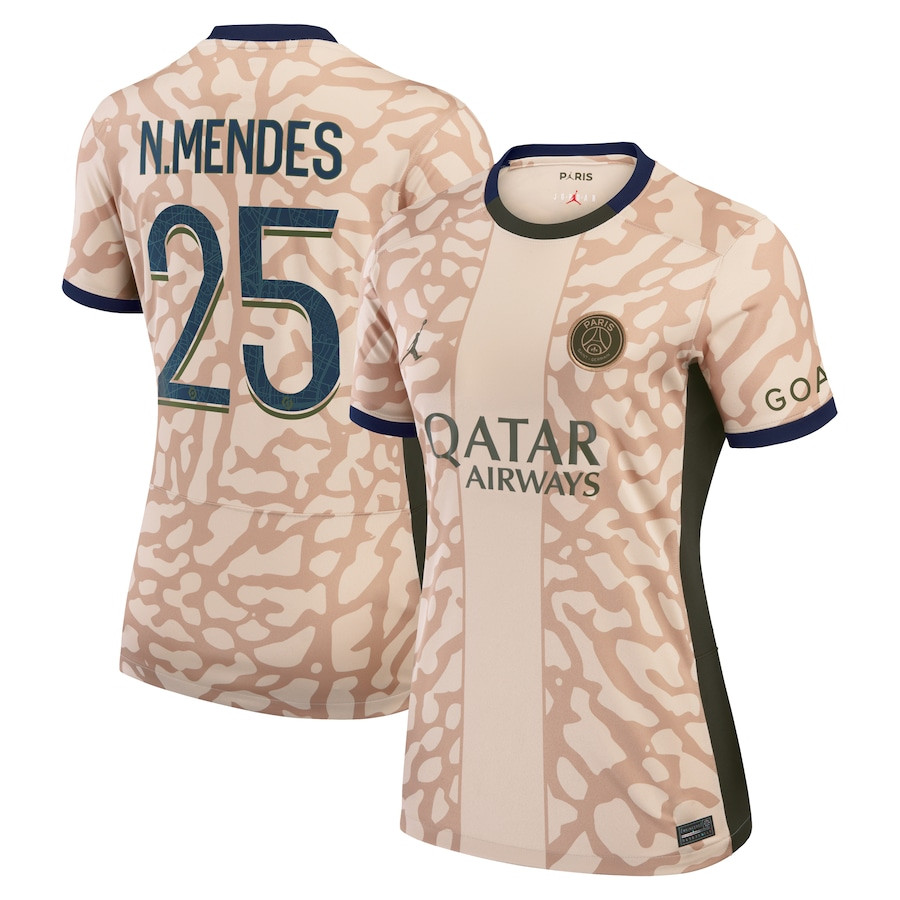 Nuno Mendes 25 Paris Saint-Germain 2023/24 Fourth Stadium Women Jersey – Tan