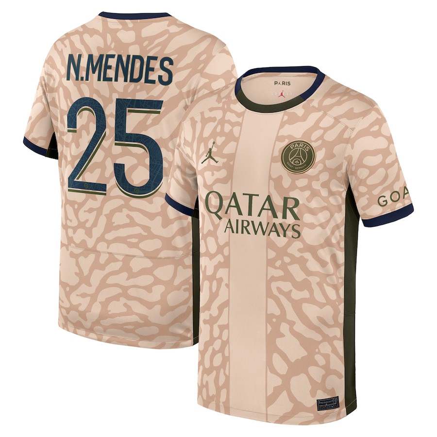 Nuno Mendes 25 Paris Saint-Germain 2023/24 Fourth Stadium YOUTH Jersey – Tan
