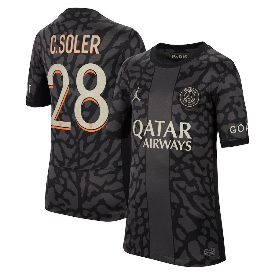 Carlos Soler 28 Paris Saint-Germain x Jordan 2023/24 Third Match Jersey – YOUTH Black