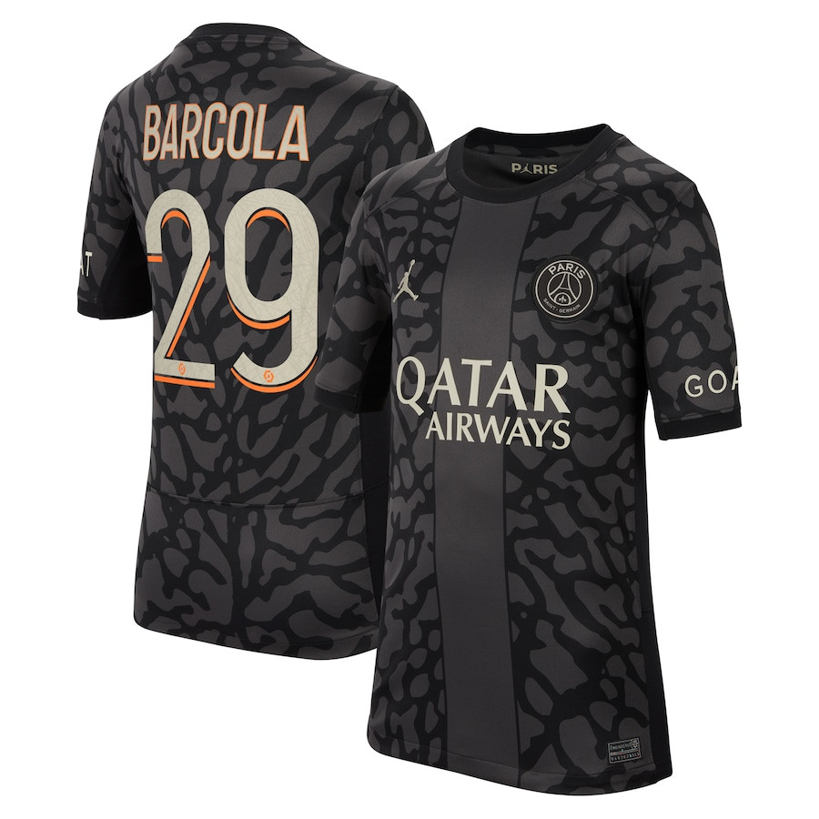 Bradley Barcola 29 Paris Saint-Germain x Jordan 2023/24 Third Match Jersey – YOUTH Black