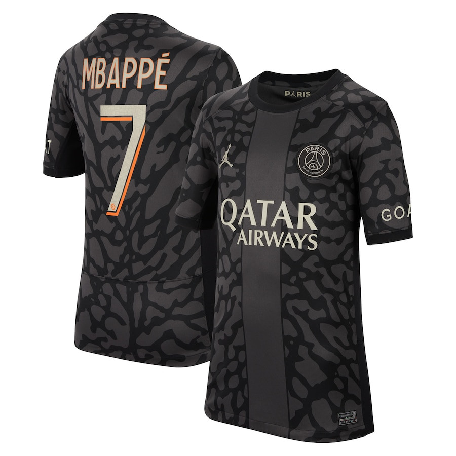 Kylian Mbappe 7 Paris Saint-Germain x Jordan 2023/24 Third Match Jersey – YOUTH Black