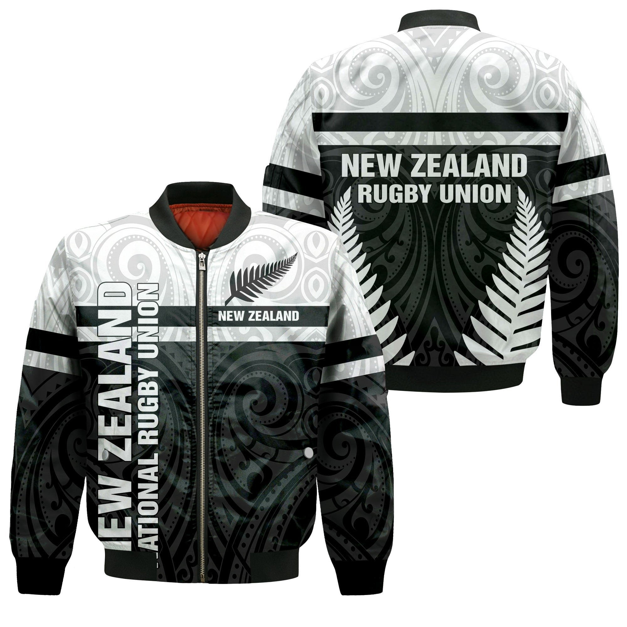 New Zealand Rb Maori Horizontal Style Unisex Bomber Jacket – Black