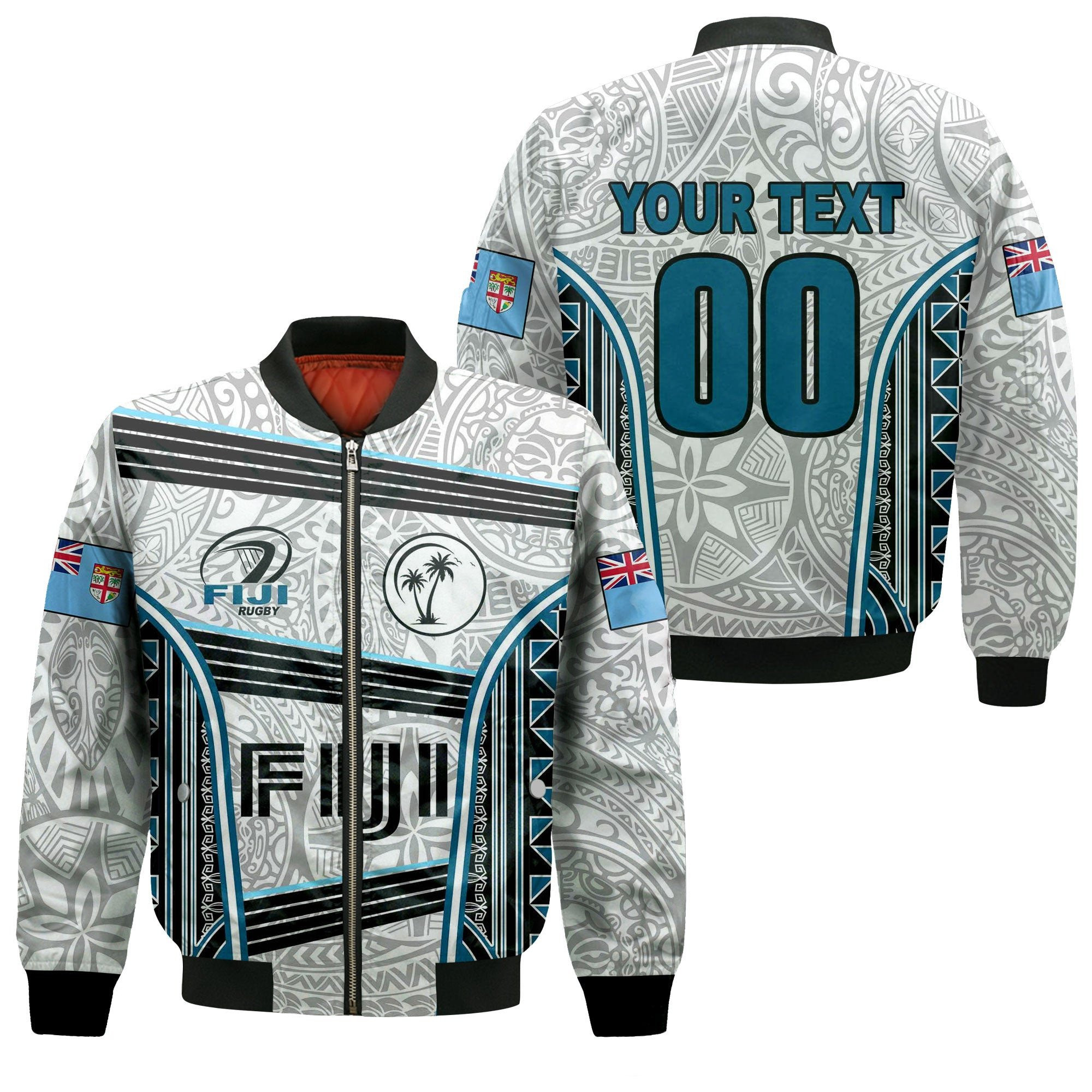 Custom Text And Number Fiji Rb Polynesia Unisex Bomber Jacket – White
