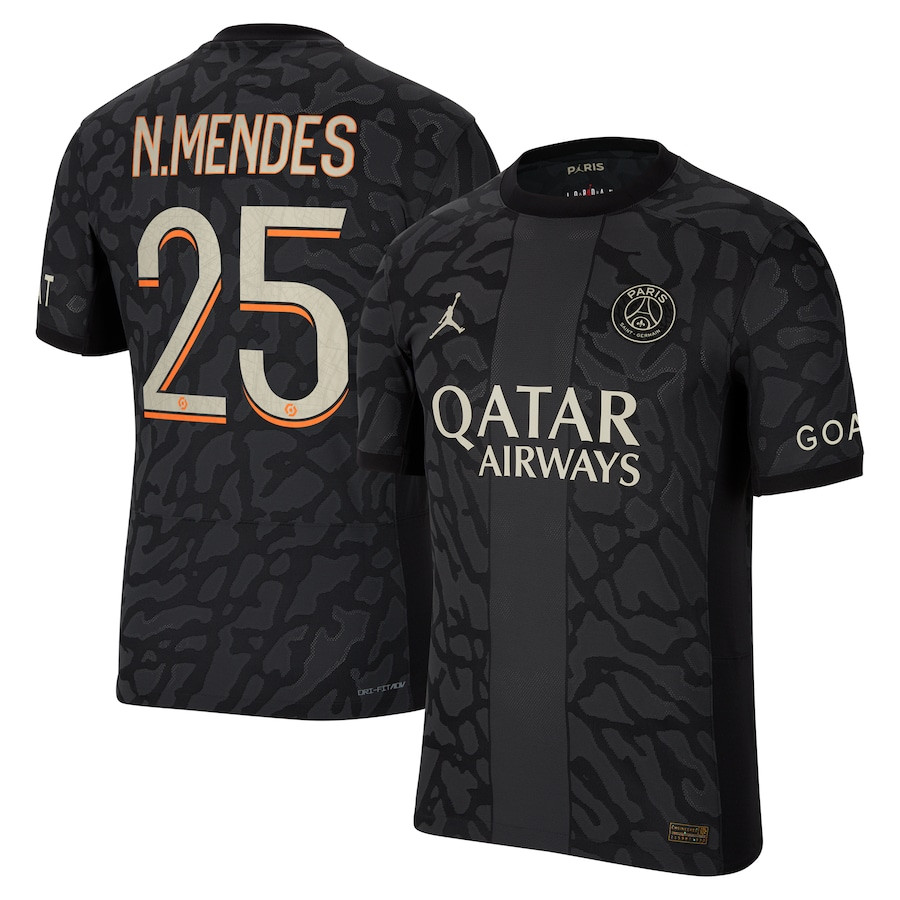 Nuno Mendes 25 Paris Saint-Germain x Jordan 2023-24 Third Match Jersey – Men Black