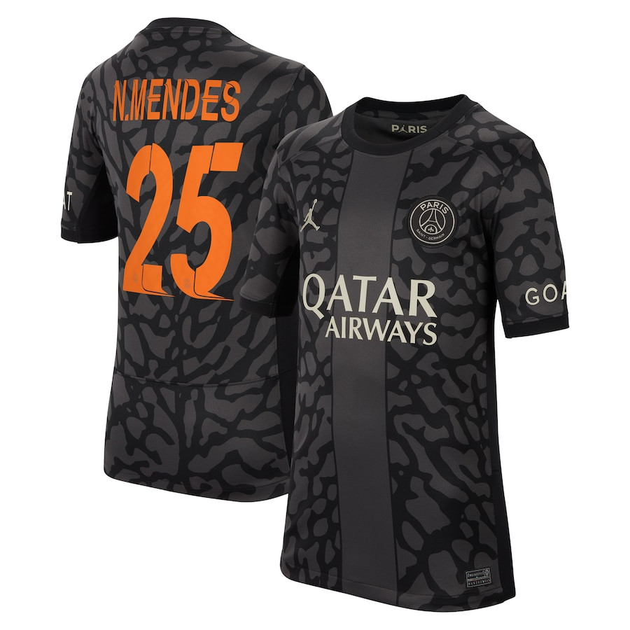 Nuno Mendes 25 Paris Saint-Germain x Jordan Champions League 2023/24 Third YOUTH Jersey – Anthracite