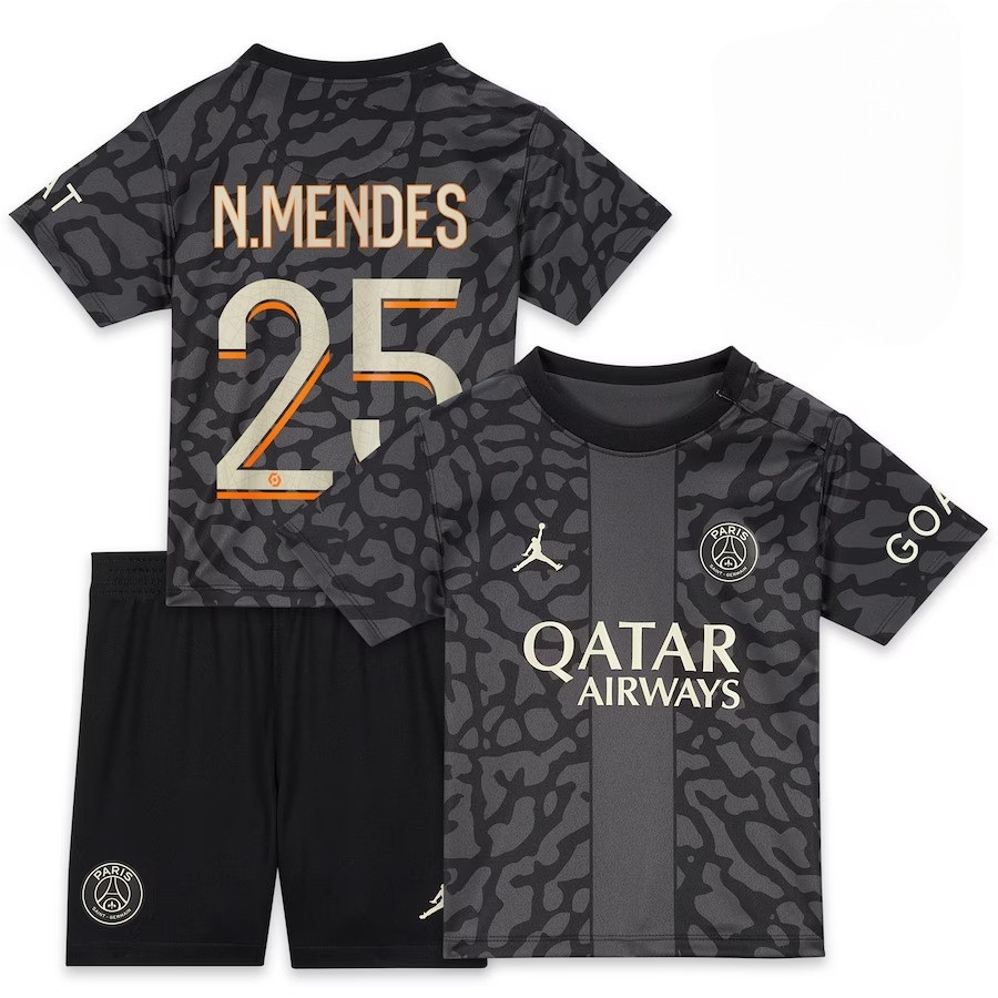 Nuno Mendes 25 Paris Saint-Germain x Jordan 2023/24 Third YOUTH Kit Jersey – Anthracite