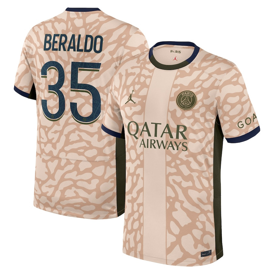 Lucas Beraldo 35 Paris Saint-Germain 2023/24 Fourth Stadium Men Jersey – Tan