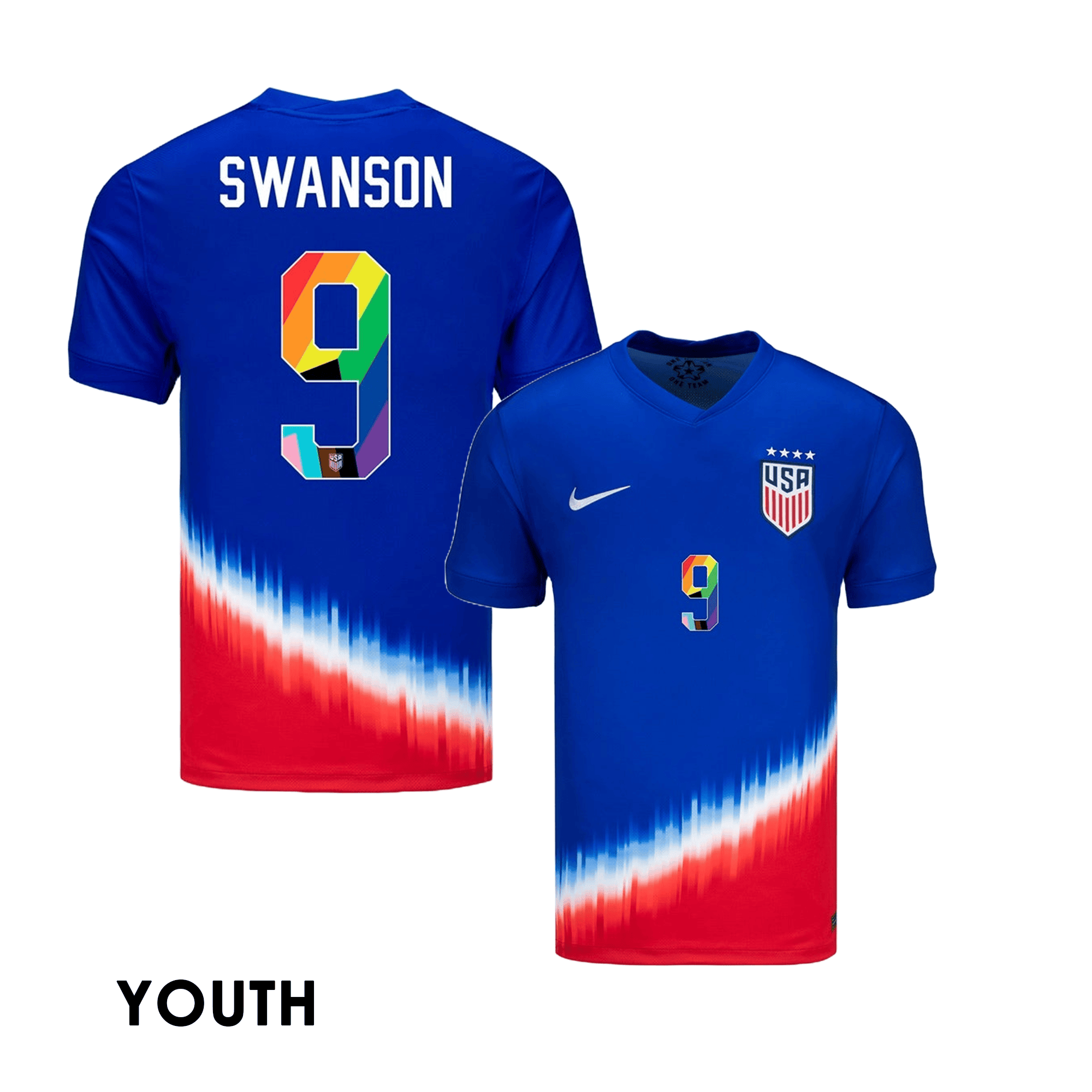 Mallory Swanson 9 USWNT 2024 Pride-Themed YOUTH Away Jersey – Blue