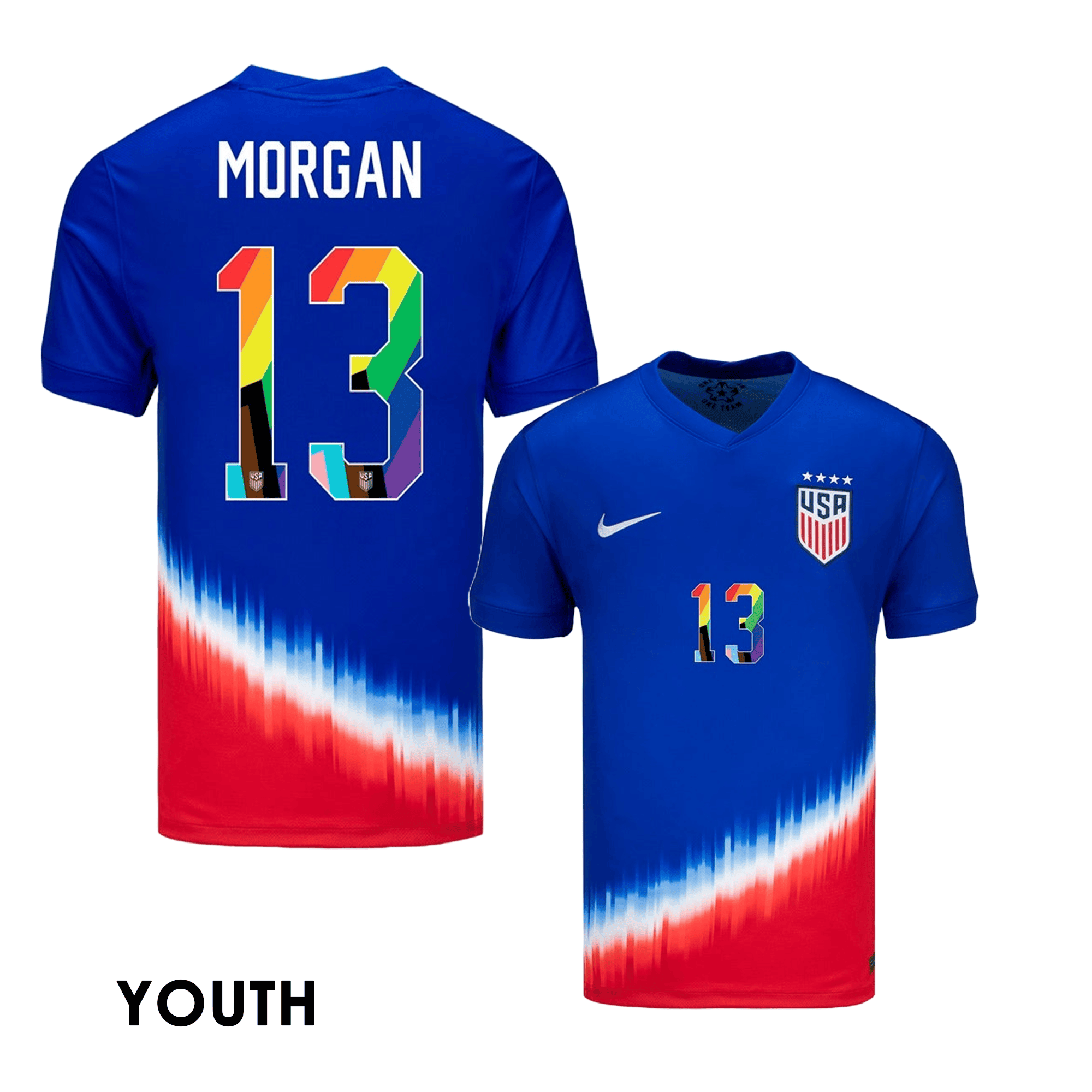 Alex Morgan 13 USWNT 2024 Pride-Themed YOUTH Away Jersey – Blue
