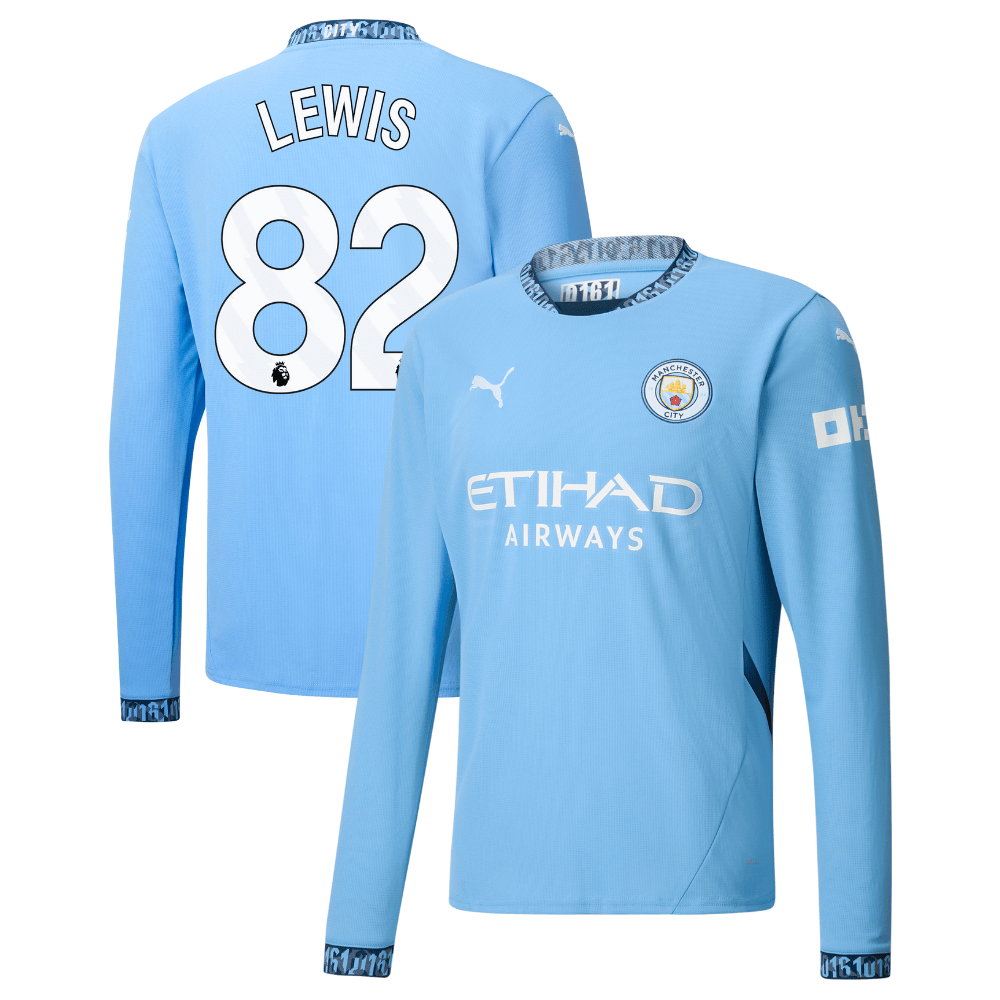 Rico Lewis 82 Manchester City 2024/25 Home Long Sleeve Men Jersey – Light Blue