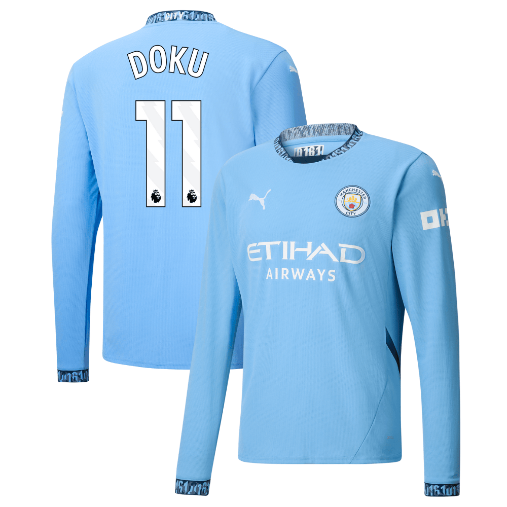 Jrmy Doku 11 Manchester City 2024/25 Home Long Sleeve Men Jersey – Light Blue