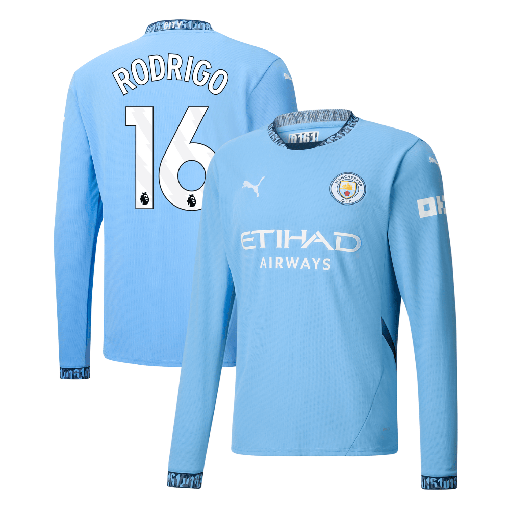 Rodrigo 16 Manchester City 2024/25 Home Long Sleeve Men Jersey – Light Blue