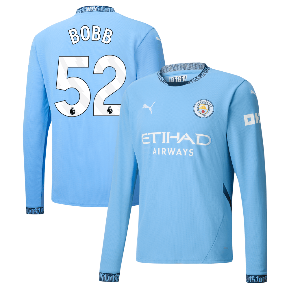 Oscar Bobb 52 Manchester City 2024/25 Home Long Sleeve Men Jersey – Light Blue