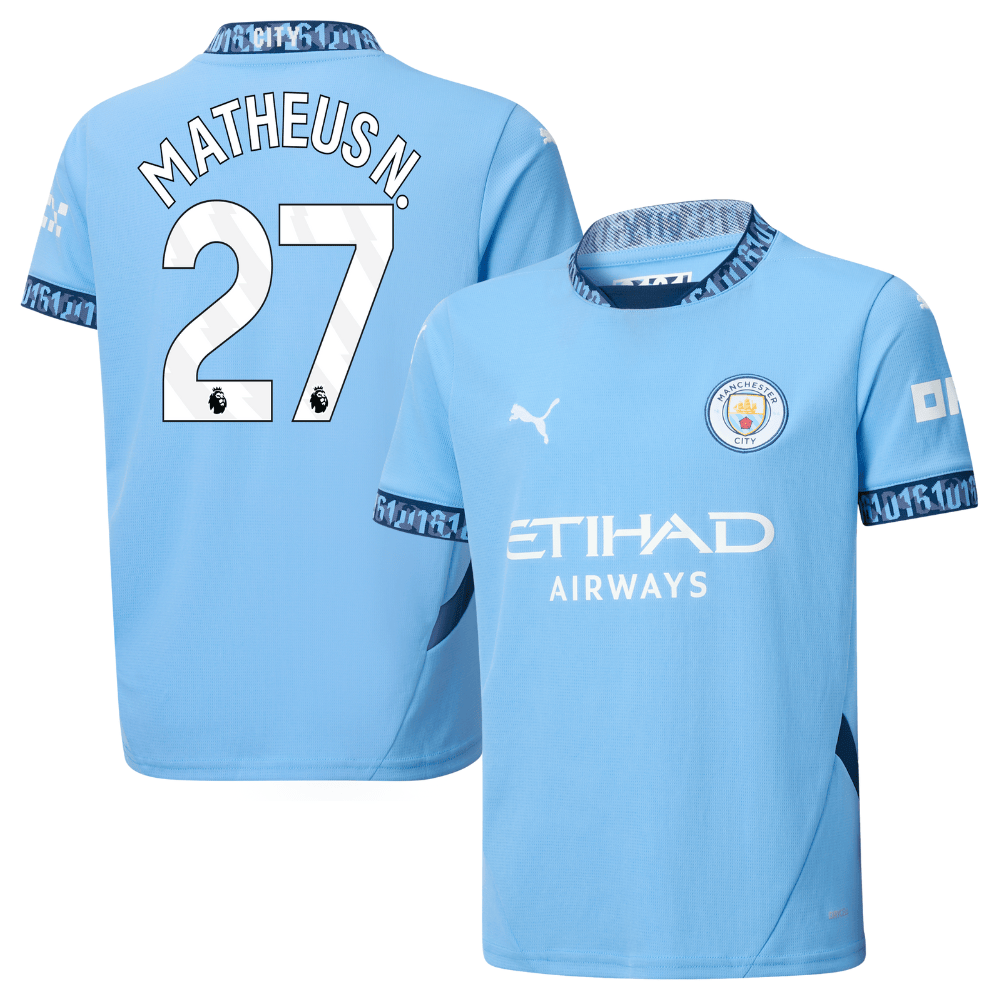 Matheus Nunes 27 Manchester City 2024/25 Home YOUTH Jersey – Light Blue