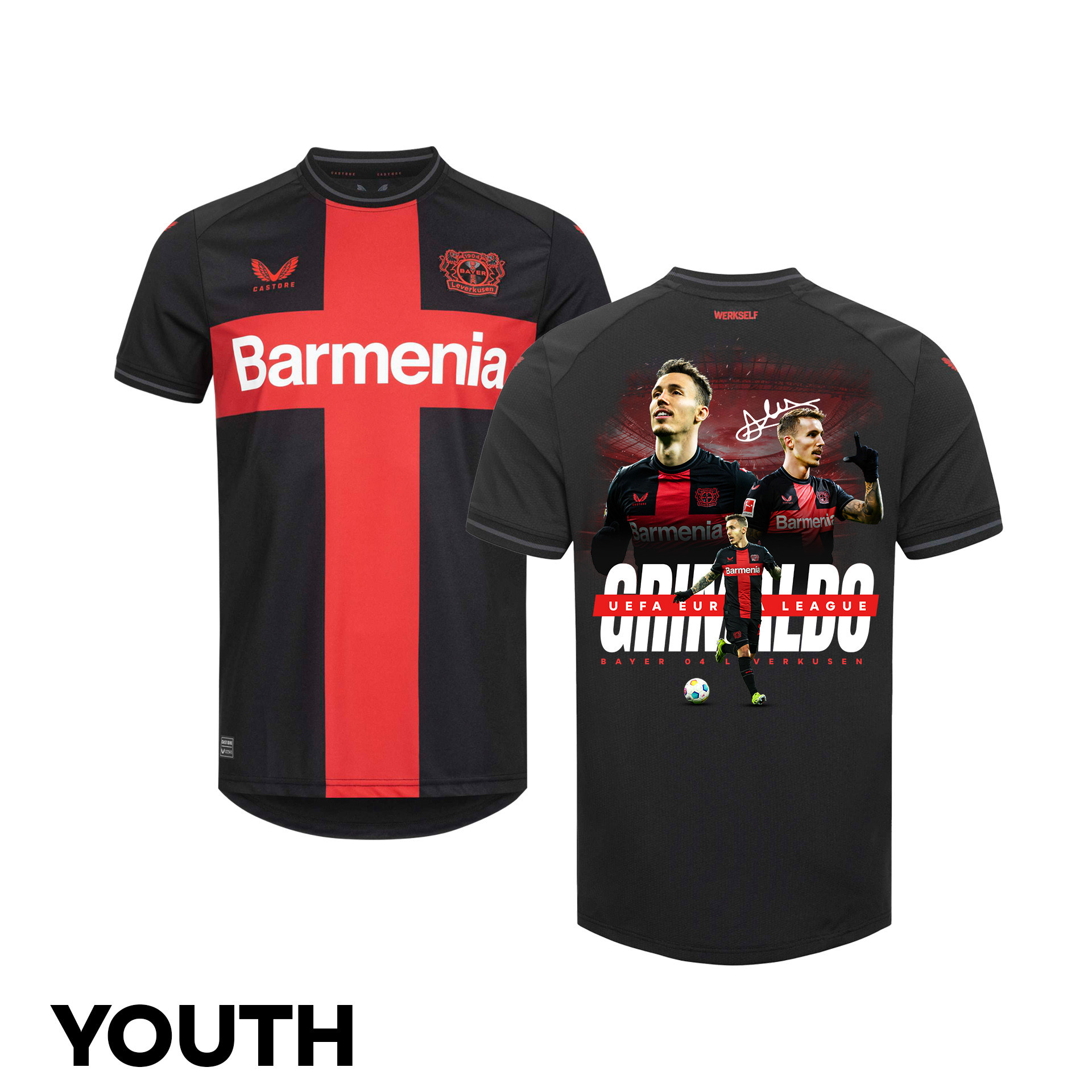 Alejandro Grimaldo 20 Bayer 04 Leverkusen 2023/24 UEFA Europa League Memories YOUTH Home Jersey